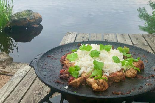 Helppoa mökkiruokaa - intialainen kanacurry muurikkapannulla