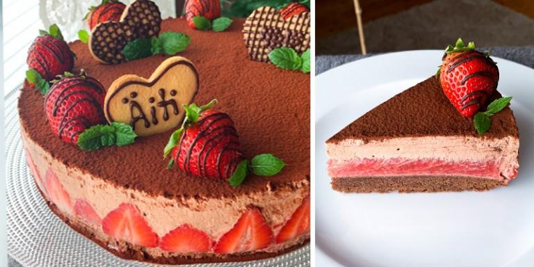 Suklaamoussekakku mansikkasydämellä ja browniepohjalla