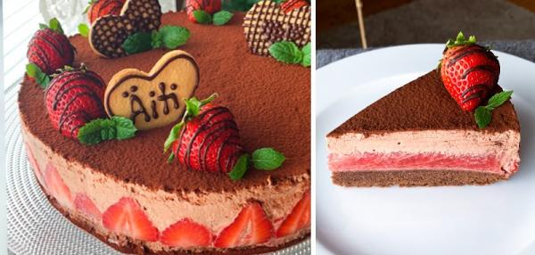 Suklaamoussekakku mansikkasydämellä ja browniepohjalla