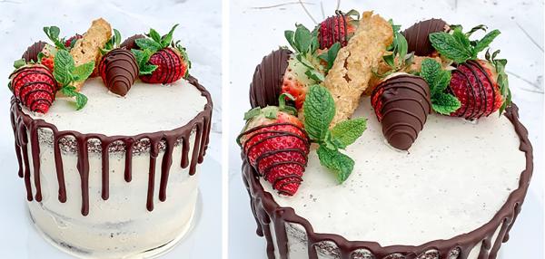 Suklaakakku valkosuklaamoussella ja minttumansikoilla