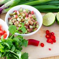 Raparperisalsa ja herkulliset kanatortillat